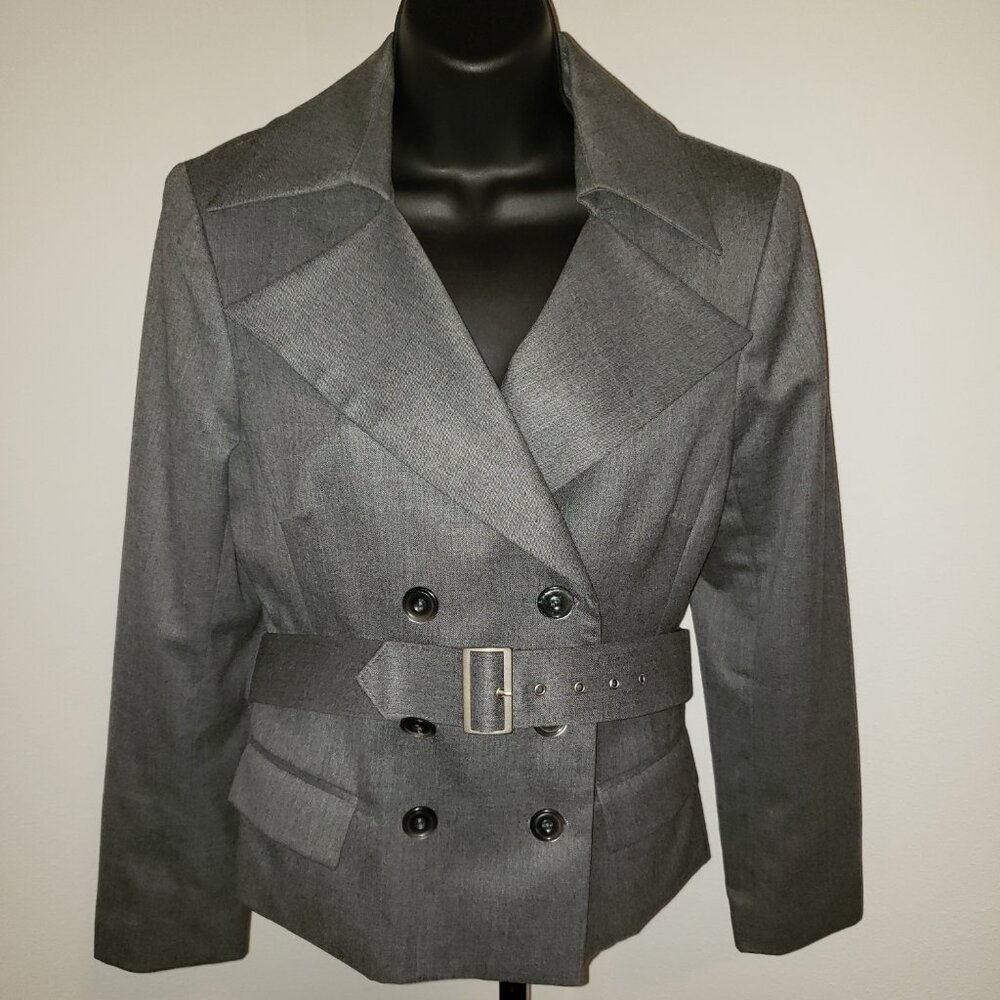 (EUC) Bloomingdale's Belted Double-Breasted Gray Blazer (Size 10P)